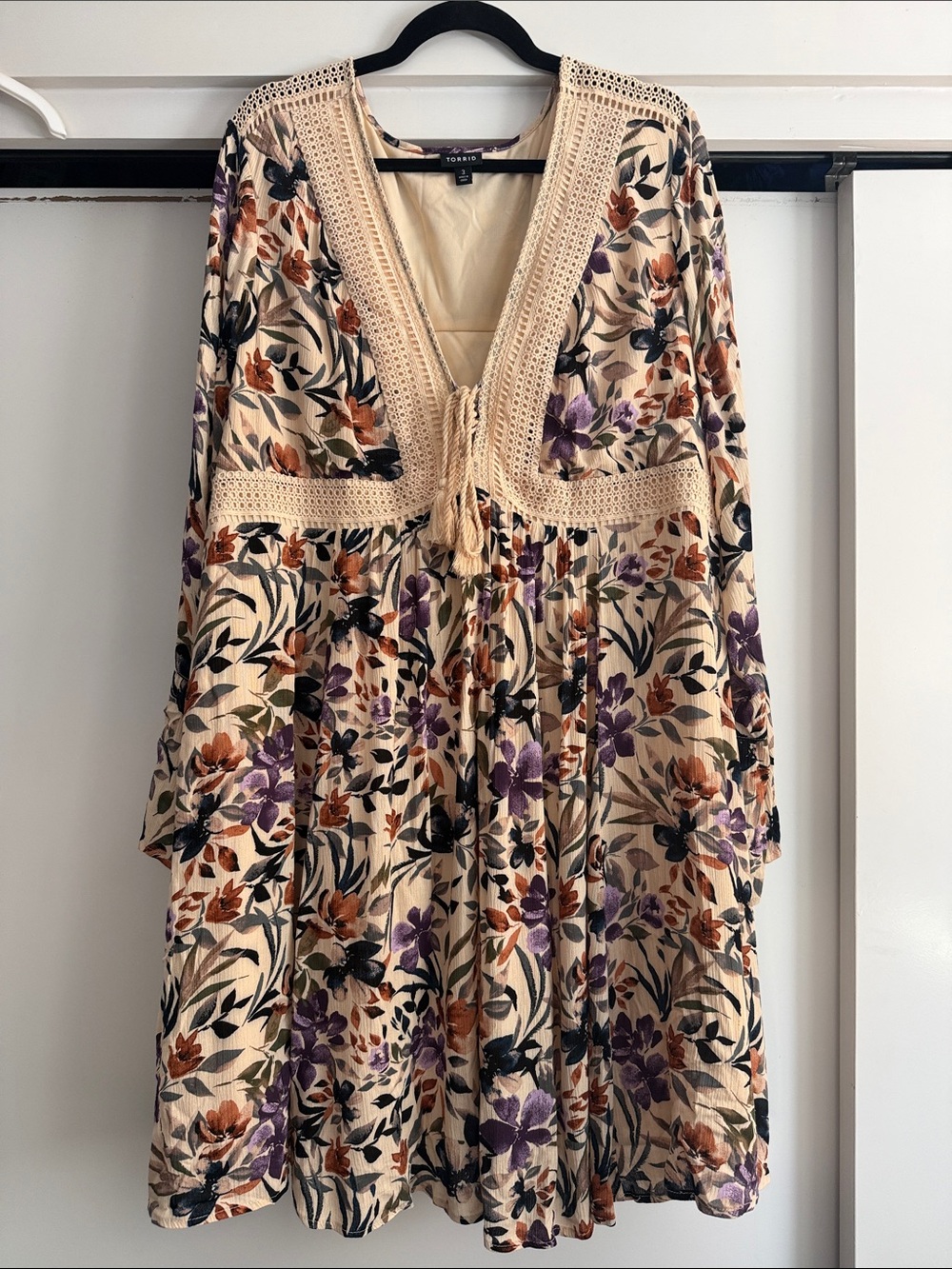 torrid Cream Floral Crochet-Trim Long Sleeve Dress with Purple & Rust Flowers